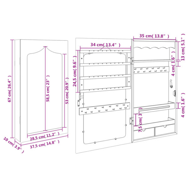 Schmuckschrank mit Spiegel Wandmontage 37,5x10x67 cm - Image 11